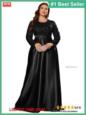 Plus Size Sequin Bodice Satin A-Line Long Sleeve Evening Gown Formal Dress